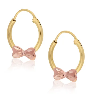 10kt Yellow Gold Hoop With Pink Bow Earrings