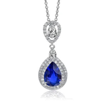 White Gold Plated Clear Pear With Marquise And Round Cubic Zirconia Double Halo Dangle Pendant Necklace