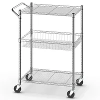 3-tier Utility Cart Heavy Duty Wire Rolling Cart With Handle Bar Storage Trolley