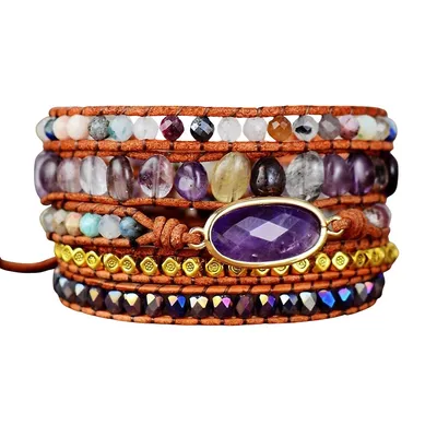 Amethyst Leather Handmade Beaded Wrap Bracelet