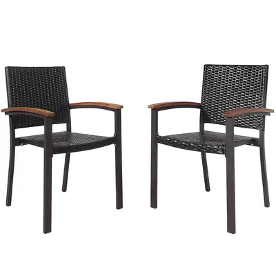 Set Of 2 Outdoor Patio Pe Rattan Dining Chairs Armrest Stackable Garden