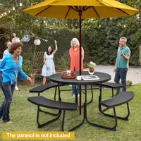 Outdoor 8-person Round Picnic Table Bench Set With 4 Benches & Umbrella Hole