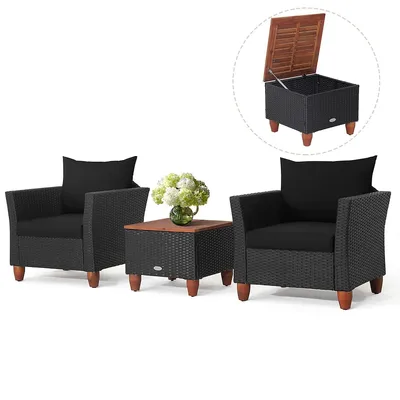 3pcs Patio Rattan Furniture Set Cushioned Sofa Storage Table With Wood Top