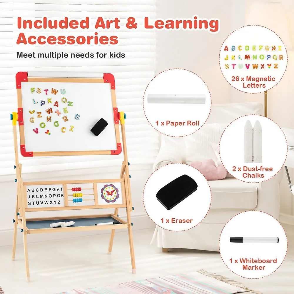 Kids Art Easel, Double-Sided Solid Pine Wood Art Set for Toddlers with  Paper
