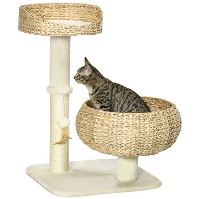28" Cat Tree With Scratching Post Beds For Indoor Cats Beige