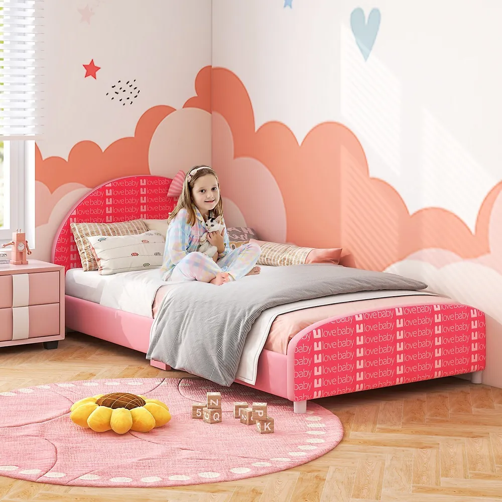 Costway Children Twin Size Upholstered Platform Single Bed With