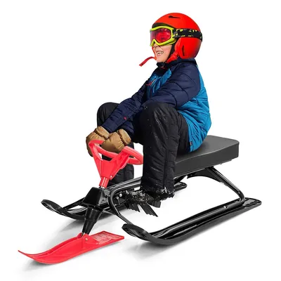 Metal Snow Racer Sled W/ Steering Wheel And Brakes Kids Snow Sand Grass Sliding