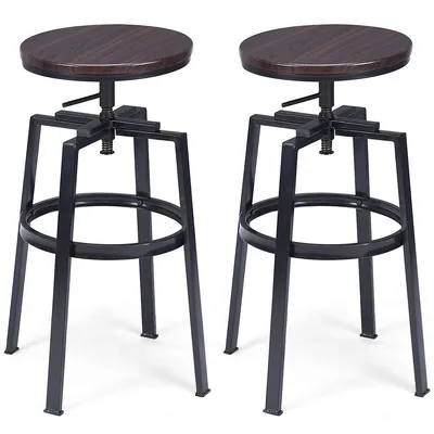 Costway Vintage Bar Stool Adjustable Wood Metal Design Pub Chairs Industrial Set Of 2