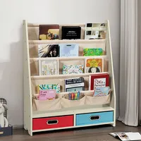 Kids Book Rack Toys Organizer W/ 4 Sling Bookshelf & 2 Boxes