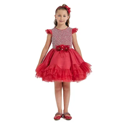 Girls Red Ruffled Tulle Dress