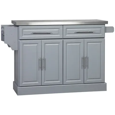 Kitchen Island On Wheels With Stainless Steel Top, 2 Drawers