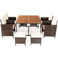 9pcs Patio Rattan Dining Set Cushioned Chairs Ottoman Wood Table Top