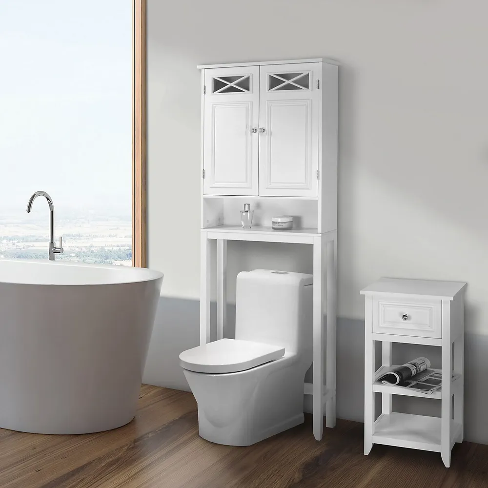 Teamson Home Bathroom Cabinet Space Saver Floor Standing Cross Molding 2 Doors White