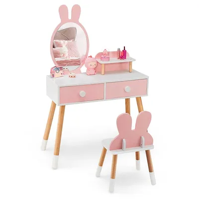 Kid Vanity Set Makeup Table Stool With Drawer Shelf Wood Leg Rabbit Mirror