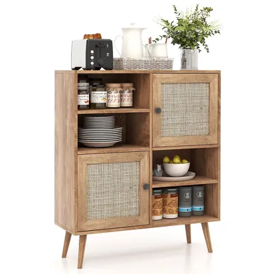 Rattan Buffet Sideboard Accent Storage Cabinet Coffee Bar Cabinet Doors Cubbies