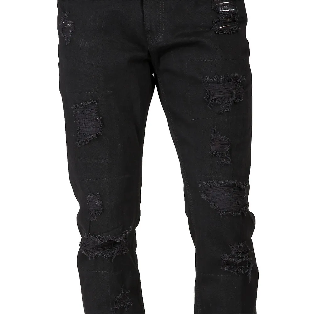 Men's Premium Jeans Overdyed Black Slim Tapered Leg Mended Broken Holes