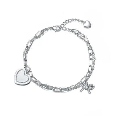 Kids'/Teens' Sterling Silver With White Gold Plated Heart Paper Clip Chains Bracelet