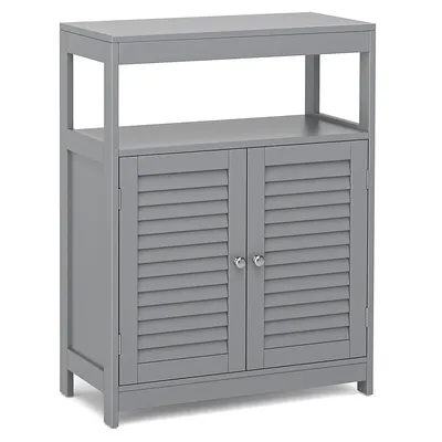 Bathroom Floor Cabinet Storage Organizer With Open Shelf & Double Shutter Door Grey/white