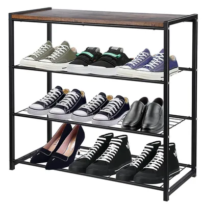 4-tier Metal Shoe Rack Entryway Shoe Shelf With Wood Bench Top，black