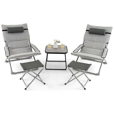 5pcs Patio Folding Sling Chair Set Ottoman Table Portable Headrest Outdoor Beach