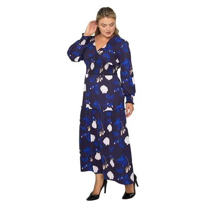 Plus Women's Floral-print Smocked Waist Long Sleeve Maxi Dress