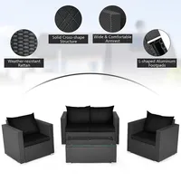 4pcs Patio Rattan Furniture Set Cushioned Sofa Chair Coffee Table Black