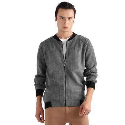 Men's Zip-front Sweater With Contrast Hem