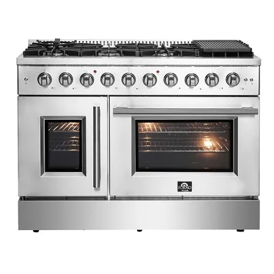 Galiano All Gas 48" Inch. French Door Freestanding Range 8 Sealed Burners Cooktop - 6.58 Cu.ft. Convection Double Gas Oven - Stainless Steel Stove Range Heavy Duty Cast Iron Grates - FFSGS6444-48