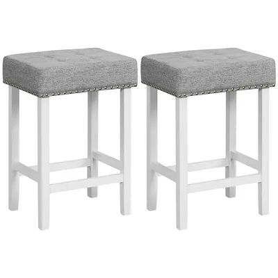 Set Of 2 Bar Stools Tufted Upholstered Counter Height Chairs With Rubber Wood Legs