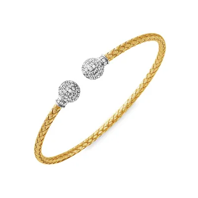 Luna Stones Sterling Silver Two-tone 18k Gold Plated Woven Cuff Bangle With Cubic Zirconia Ball Cap