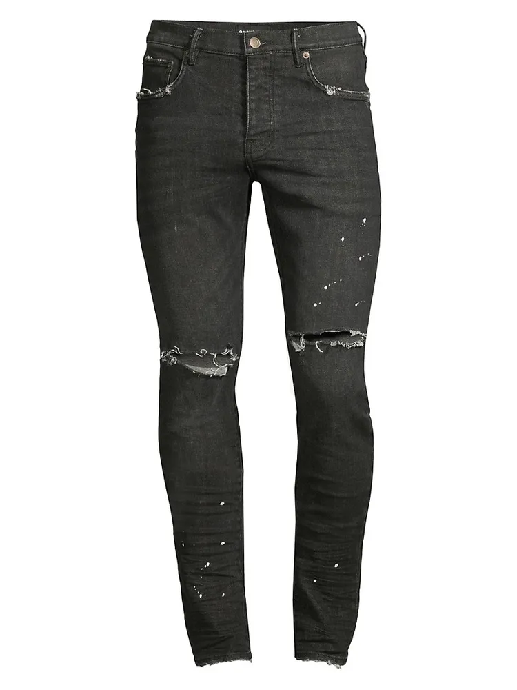 Blue P001 bleached distressed slim-leg jeans