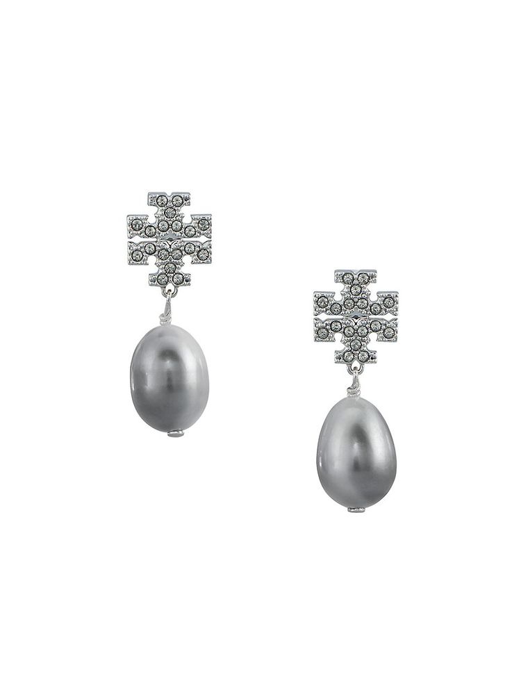 Tory Burch Women's Silvertone, Crystal & Faux-Pearl Logo Drop Earrings -  Silver | The Summit