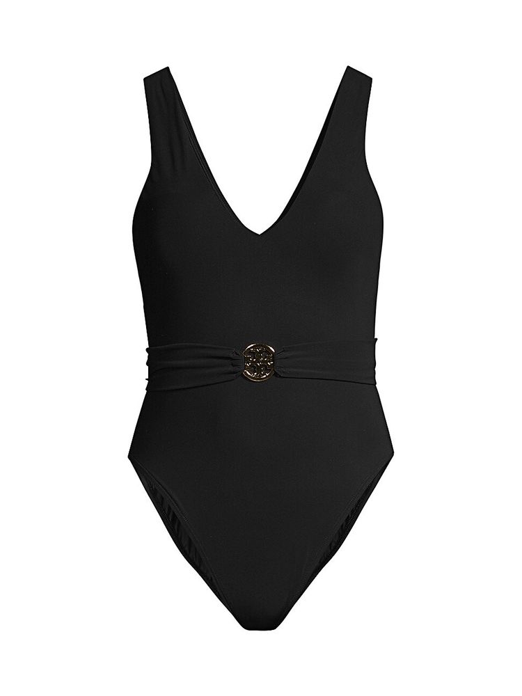 Tory Burch Women's Miller Plunge Belted One-Piece Swimsuit - Black | The  Summit