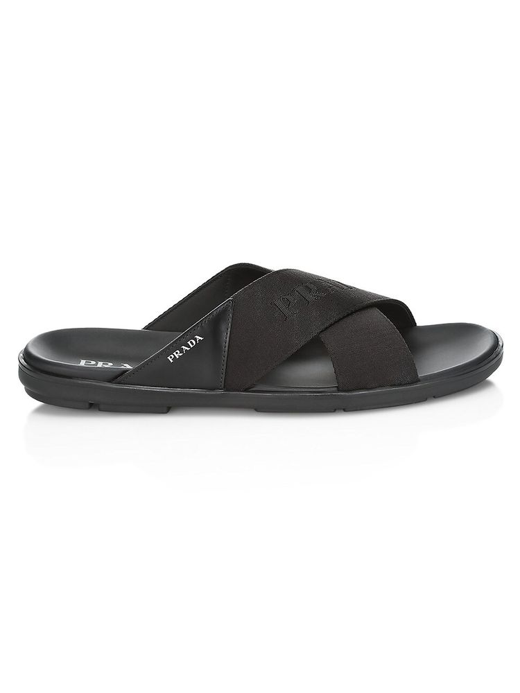 Prada Men's Brushed Leather Logo Strap Slides - Nero Sandals | The Summit