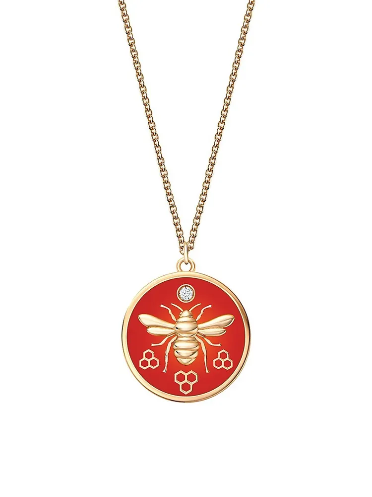 Birks Bee Chic 18K Yellow Gold & Red Enamel Large Round Pendant Necklace