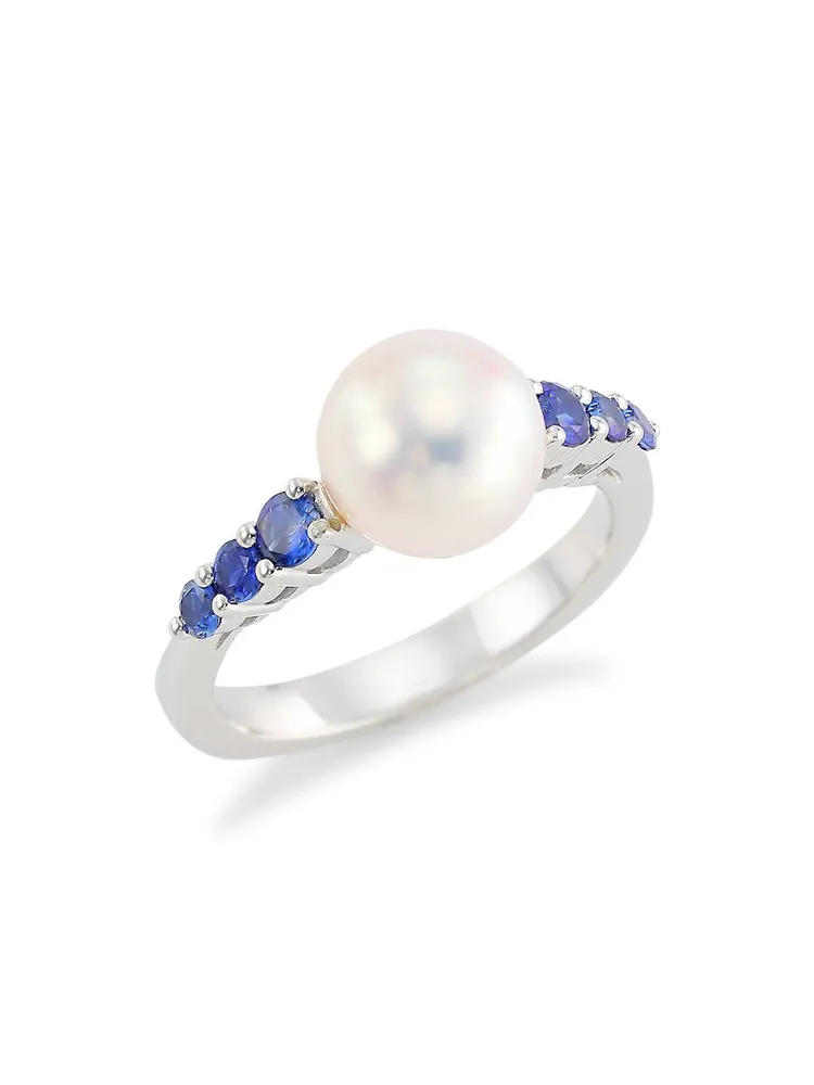 Mikimoto Pearl and Sapphire Ring in 18k White Gold