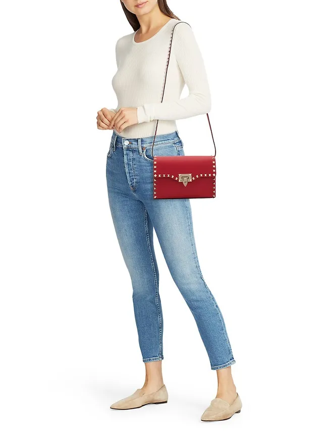 Small Rockstud Grainy Calfskin Crossbody Bag for Woman in Rouge Pur