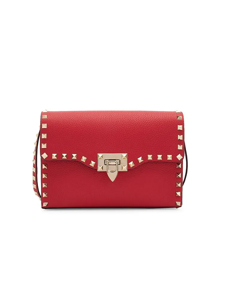 Small Rockstud Grainy Calfskin Crossbody Bag for Woman in Rouge Pur