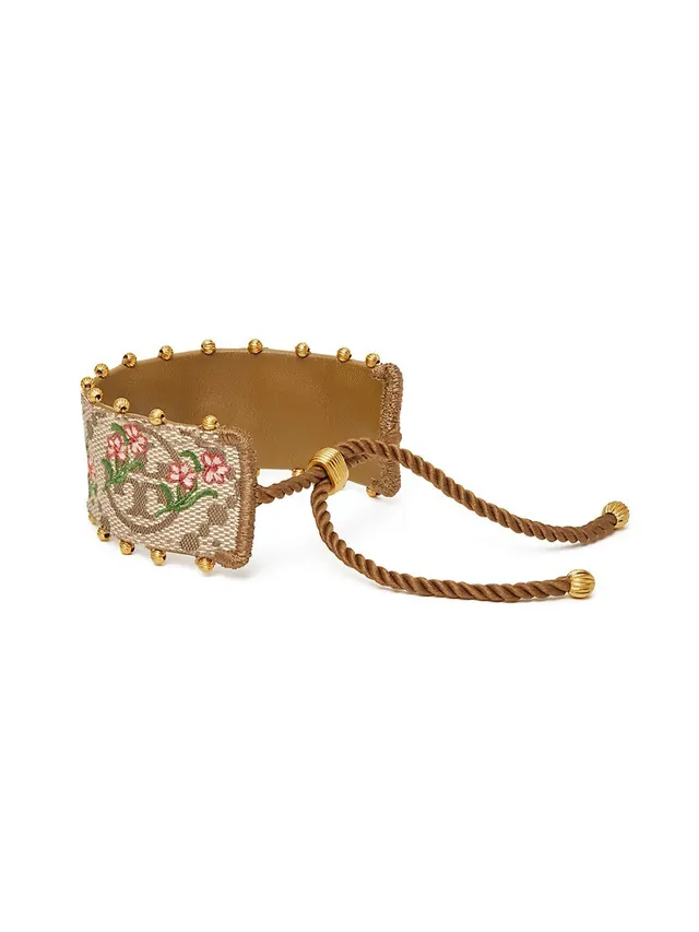 Shop Tory Burch T Monogram Floral Textile & Leather Bracelet