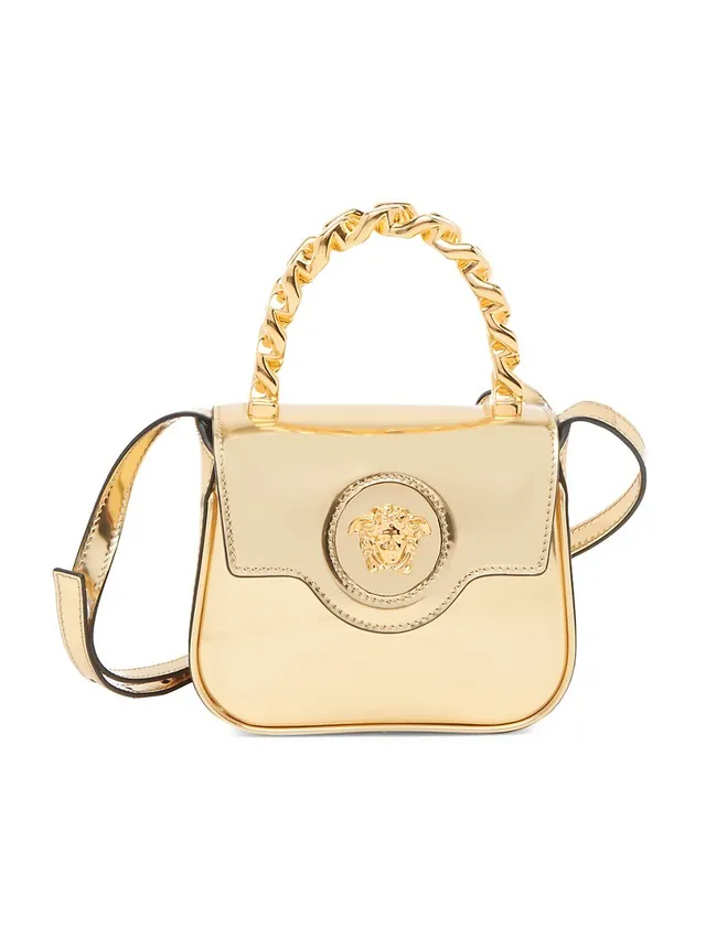 Shop Versace La Vacanza Micro Medusa Metallic Leather Top-Handle Bag