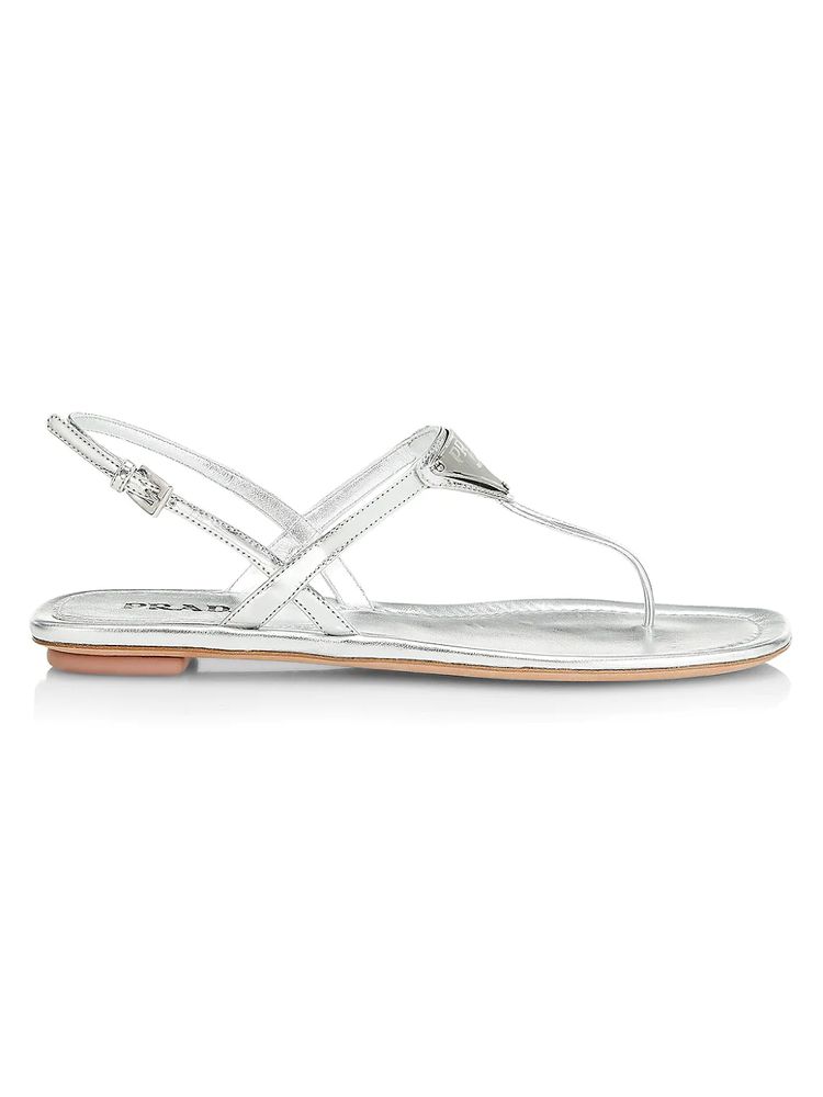 Prada Women's Logo Metallic Leather Ankle-Strap Thong Sandals - Argento |  The Summit