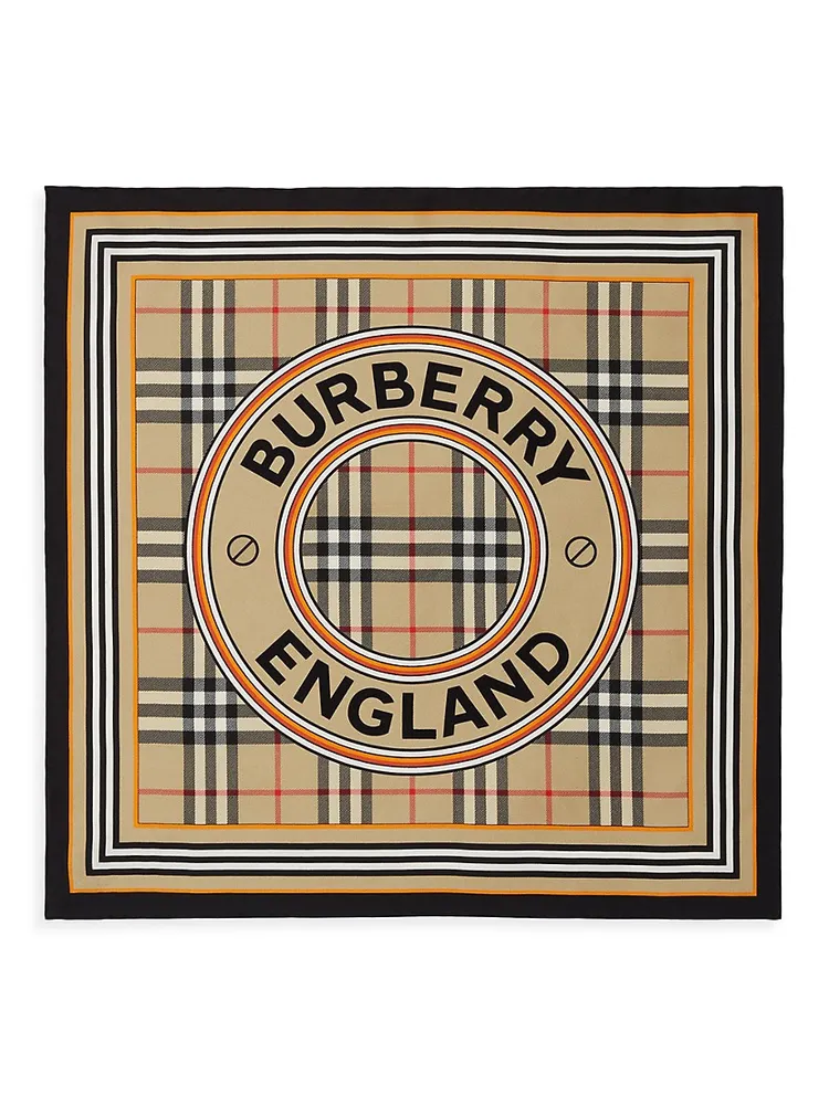 Burberry Monogram Icon Stripe and Check Print Silk Scarf - Brown