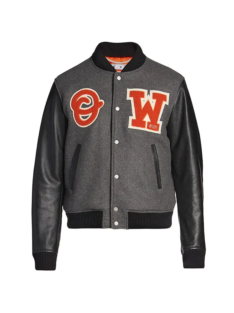 Wool/Leather Full-Snap Off-White Logo-Patch Varsity Jacket