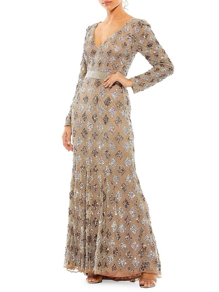 Mac Duggal Women's Long-Sleeve Beaded A-Line Gown - Mocha | The Summit