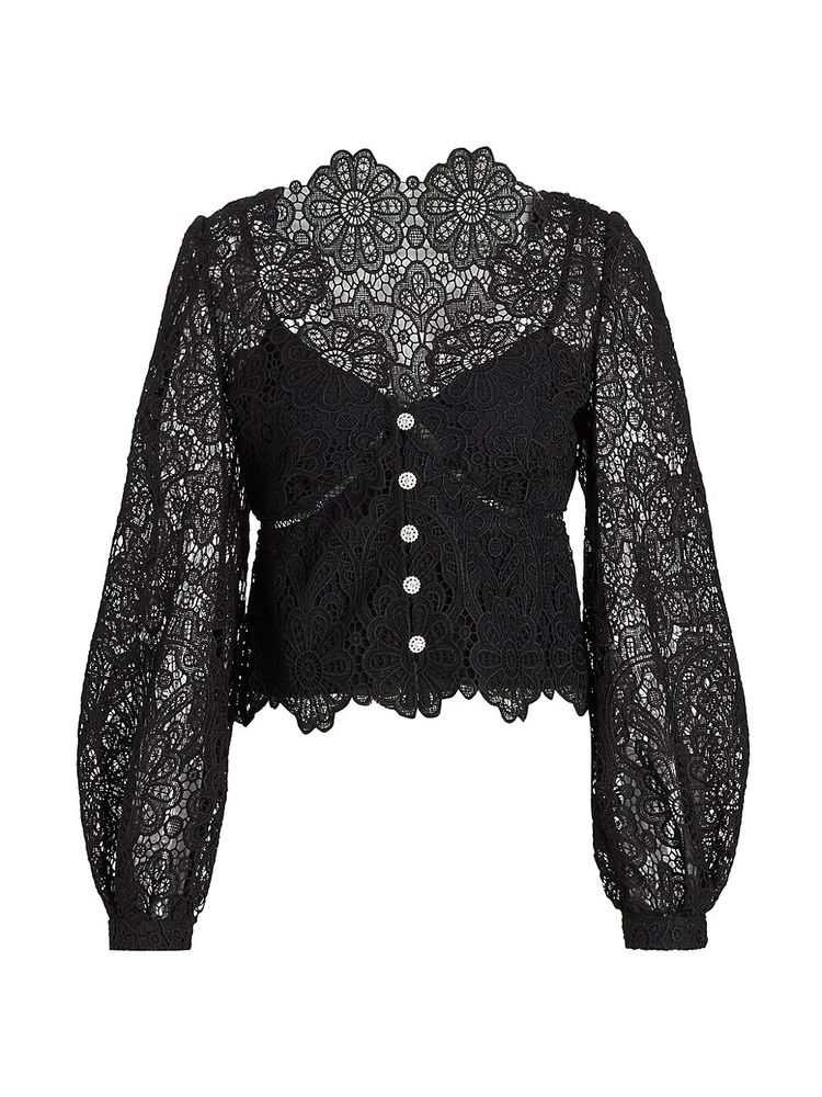 Self-Portrait Women's Lace Puff-Sleeve Blouse - Black | The Summit