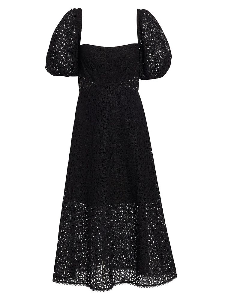 ML Monique Lhuillier Women's Lace Puff-Sleeve Midi-Dress - Black | The  Summit