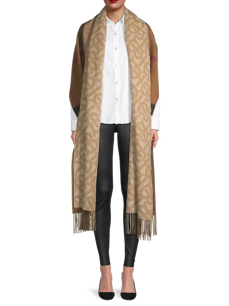 Burberry Women's Reversible Oversize TB Monogram & Check Cashmere Scarf -  Beige Brown | The Summit