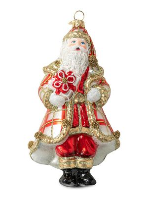 Tartan Santa Glass Ornament - Red