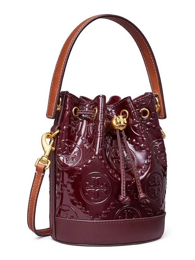 T Monogram Mini Embroidered Patent Leather Bucket Bag