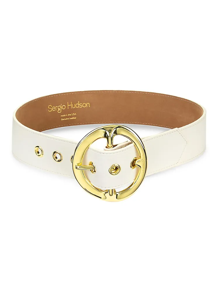 Sergio Hudson Black & Gold Leather Oversized Buckle Gold Hardware Belts